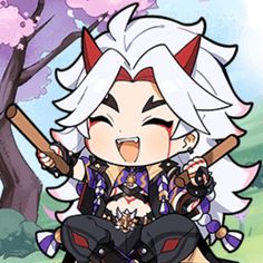 an anime character sitting on the ground with a baseball bat in her hand and holding two bats