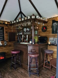 the inside of a bar with stools and tables
