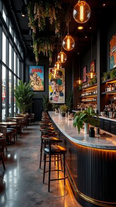 a bar with lots of stools and plants hanging from the ceiling in front of large windows