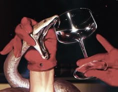 a hand holding a wine glass with a snake on it