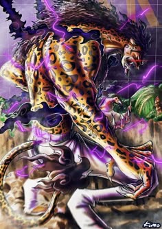 a painting of a man with a leopard on his back and lightning in the background