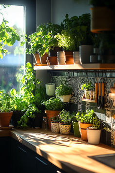 many potted plants are on the shelf in the kitchen, and one plant is growing out of the window sill