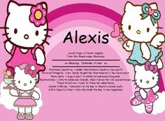 an image of hello kitty birthday card with the name alexis on it's front