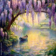 a painting of a boat on a lake under a tree with purple flowers hanging over it