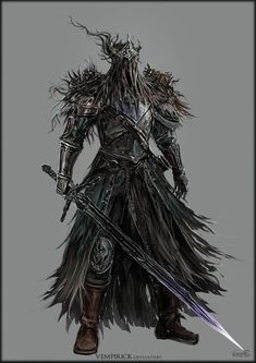 a drawing of a man in armor holding two swords