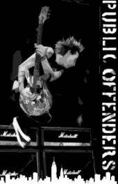 a person jumping up into the air with a guitar in front of a cityscape