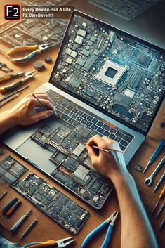 a man working on a laptop computer surrounded by repair tools and screwdrivers in front of him