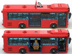 two red lego buses are shown side by side, with the front and back doors open