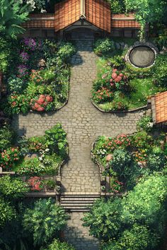 an aerial view of a garden with flowers and trees