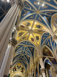 the interior of a cathedral with painted ceilings