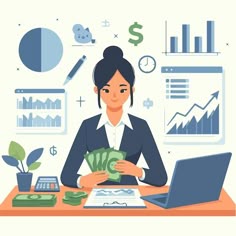 a woman sitting at a desk with money in front of her and laptop on the table