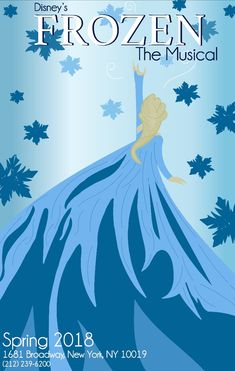 the poster for disney's frozen musical, featuring a woman in blue dress and leaves