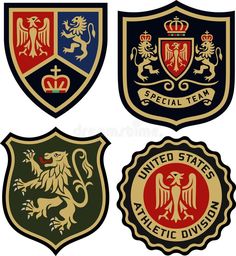four shield emblems with different colors and symbols on them royalty images for logos or badges