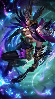 an image of a woman with wings on her body and purple hair in the air