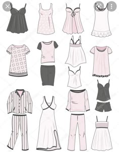 women's pajamas and dresses for the summer season, hand drawn in black and white