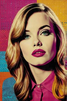 a painting of a woman with long blonde hair and blue eyes wearing a pink shirt