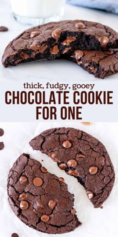 the chocolate cookie has been cut in half and is ready to be eaten with milk