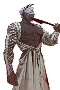 a drawing of a man dressed as a zombie holding a knife in his mouth and wearing a costume