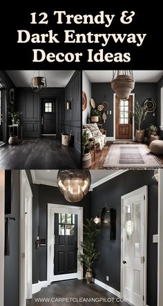 the front and back doors of a house with text overlay that reads 12 trendy & dark entryway decor ideas