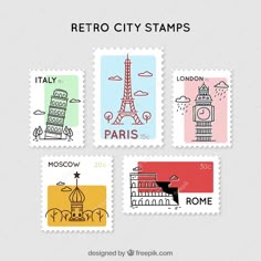 four stamps with different symbols on them, including the eiffel tower and paris
