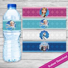 frozen princess water bottle labels with the names and pictures on them