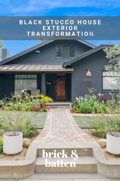 a house with the words brick & batten on it and an image of flowers in front