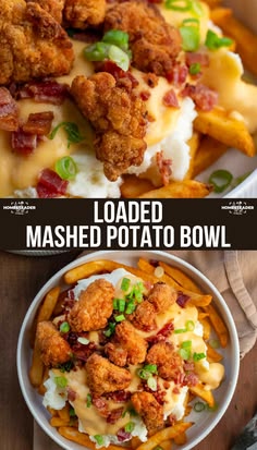 loaded mashed potato bowl with bacon and green onions in the middle, topped with melted cheese