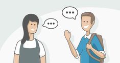 a man and woman talking to each other with speech bubbles above them