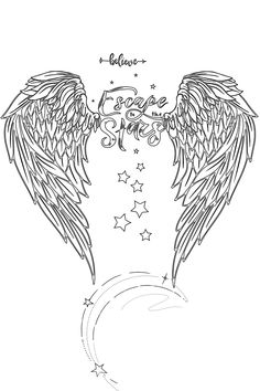 two angel wings with stars and the word believe above them in black ink on a white background