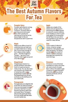 the best autumn flavors for tea info sheet with fall leaves, pumpkins and apples