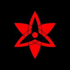 a red and black logo with an inverted star in the center on a black background