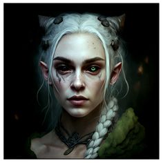 a woman with white hair and green eyes