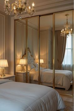 Interior Design For Condo, Sliding Door Closet Storage, Mirror Wall For Bedroom, Closets With Mirrors, Closet With Mirrors, Cool Modern Bedroom, New Modern Bedroom Design, Wall Mirror In Bedroom, Closet With Door