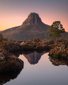 a mountain with a lake in the foreground and trees on the other side at sunset