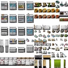 a bunch of different types of kitchen furniture and appliances in various styles, sizes and colors