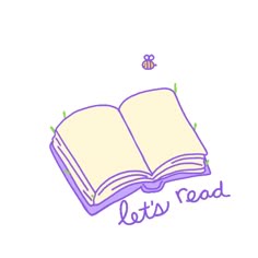an open book with the words let's read on it and a bee flying above