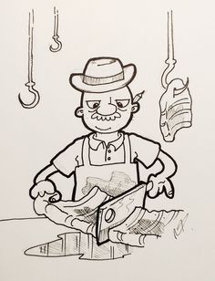 a black and white drawing of a man working on something