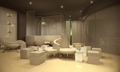 a living room filled with white furniture and lots of glass walls behind the couches