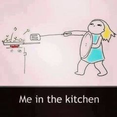 a cartoon drawing of a girl pulling something out of the oven with her hand and saying, me in the kitchen