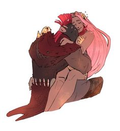 two people hugging each other while sitting on the ground