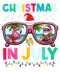 christmas in july with santa claus and flamingos wearing pink sunglasses, sitting on the beach