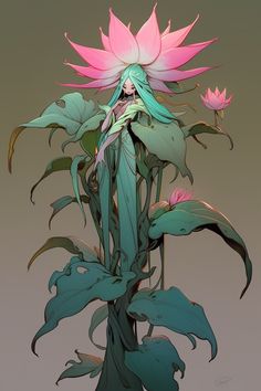 a drawing of a woman sitting on top of a pink flower next to green leaves