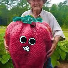 an old man holding up a giant strawberry