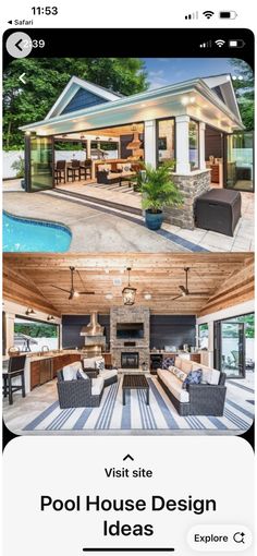 the front and back side of a house with an outdoor living room, dining area and pool