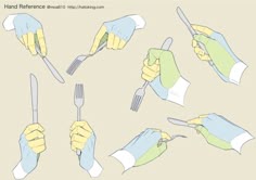 hands holding utensils and napkins in different positions