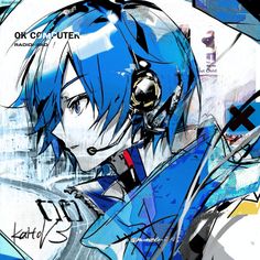 an anime character with blue hair and headphones
