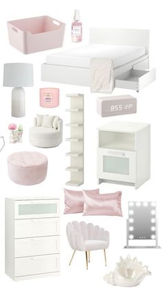 a collage of white furniture and accessories including a bed, dresser, mirror, chair, table, lamp, night stand
