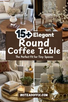 round coffee table with flowers and candles on it, surrounded by pictures of living room furniture