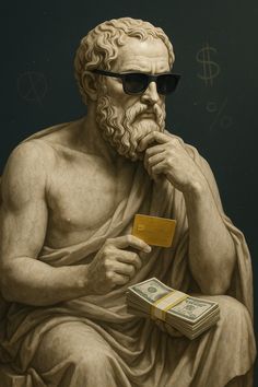 an image of a statue that has money in his hand and is holding a credit card