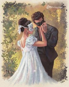 a painting of a bride and groom kissing
